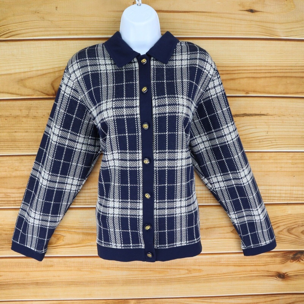 Cathy Daniel Blazer Jacket Womens M Blue White Plaid Gold Accents Shoulder Pads